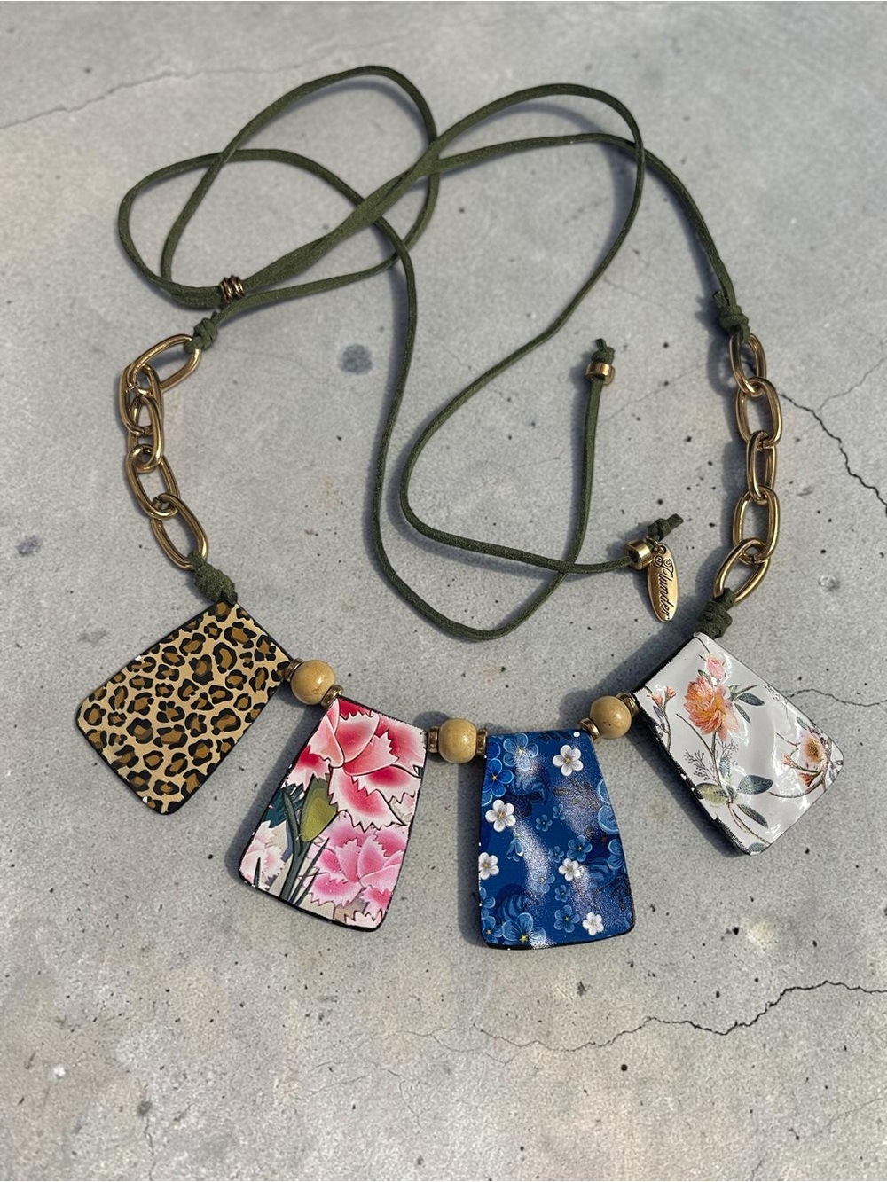 Plunder Patchwork Hammered Metal Floral Cheetah Leather Adjustable Necklace